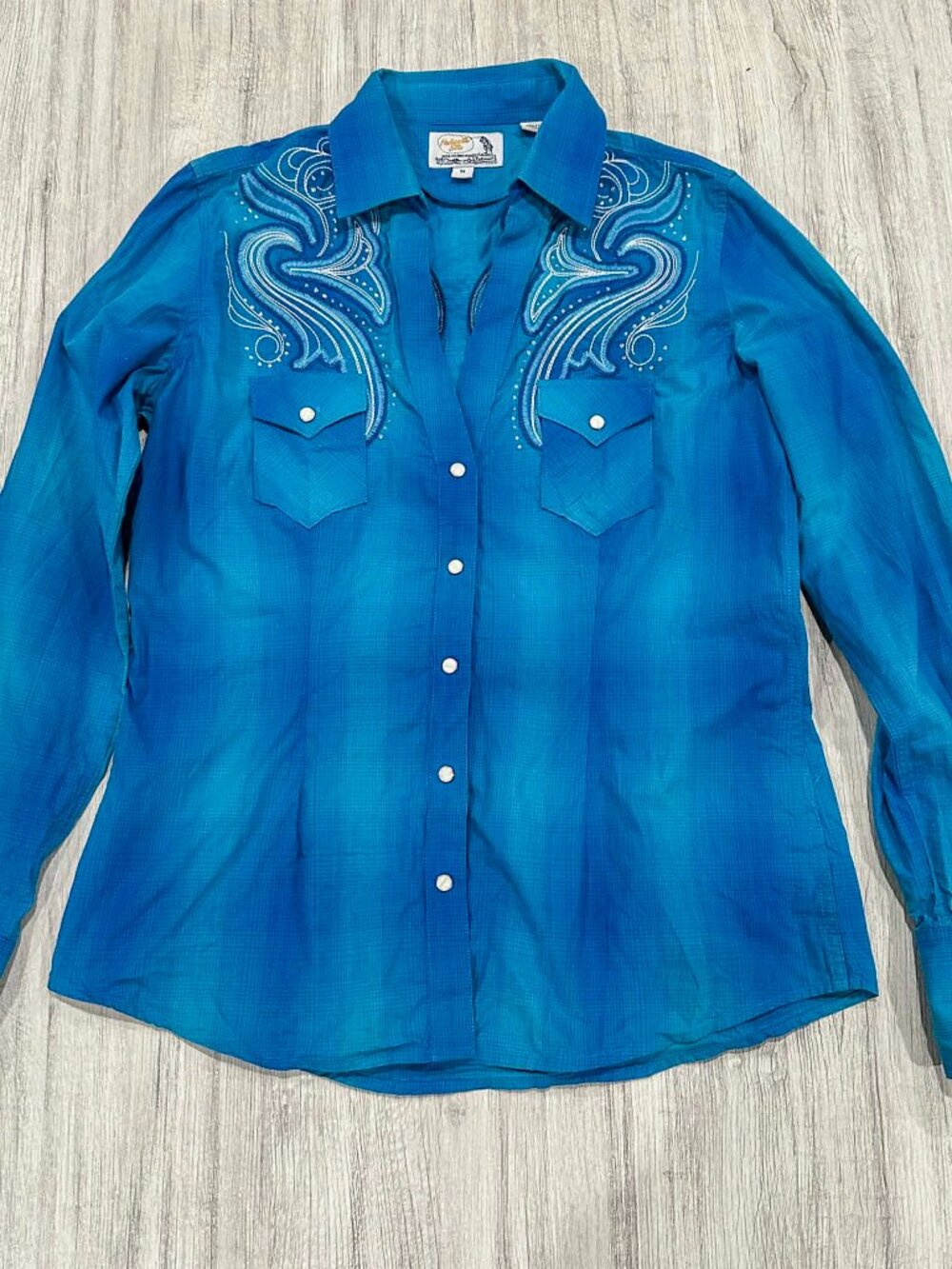 Vintage Panhandle Slim Western Shirt Women's M Turquoise Embroidered 100% Cotton